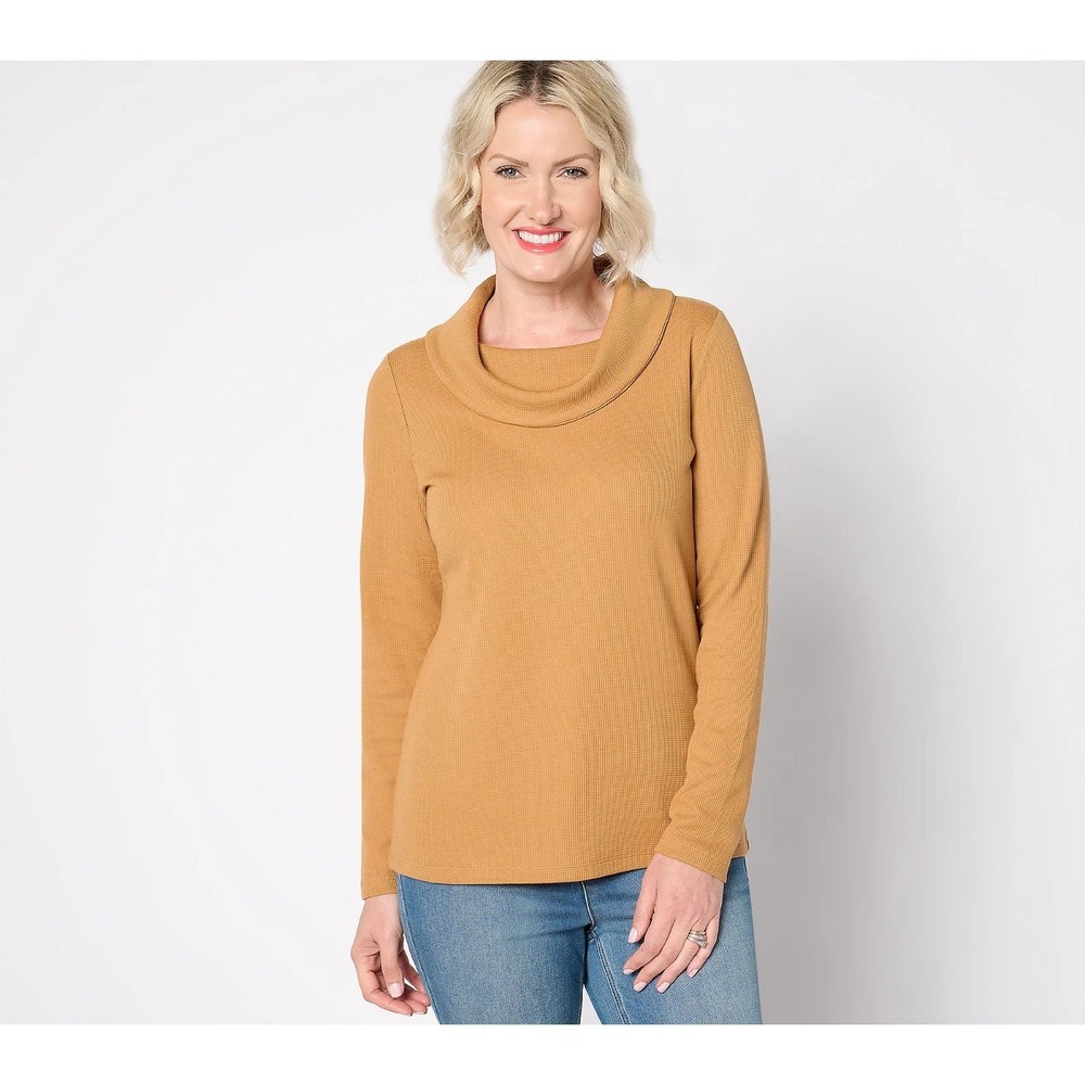 Denim & Co. Essentials Waffle Knit Long-Sleeve Cowl Neck Top, S  #845Q